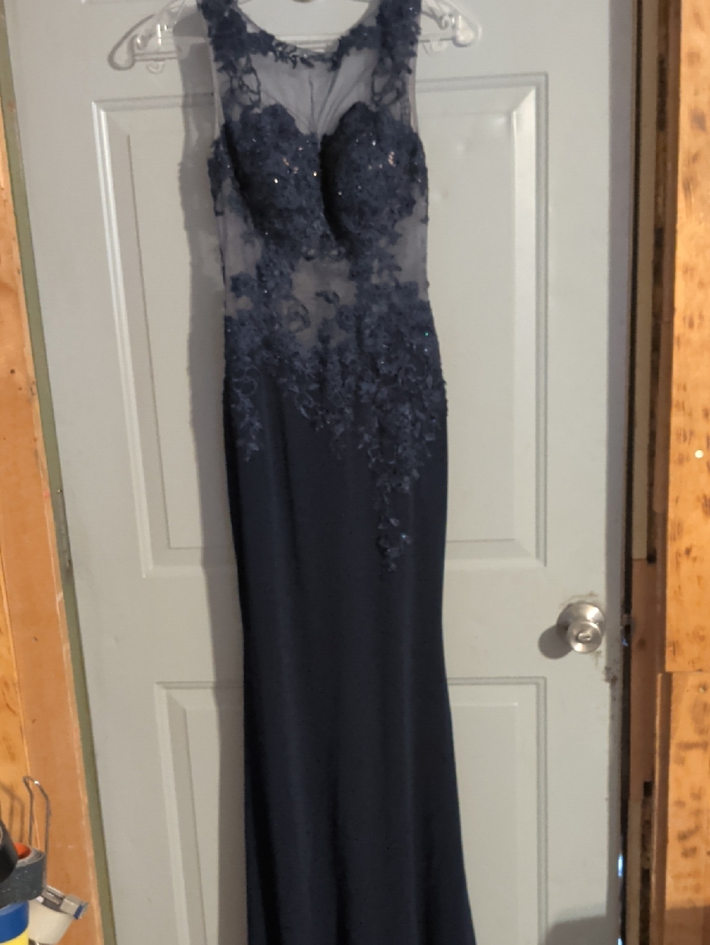 JVN by Jovani Navy Illusion Lace Evening Dress with Appliqué
